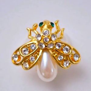 Joan Rivers bee pin brooch signed, gold, pearl & rhinestones, 1990s vintage